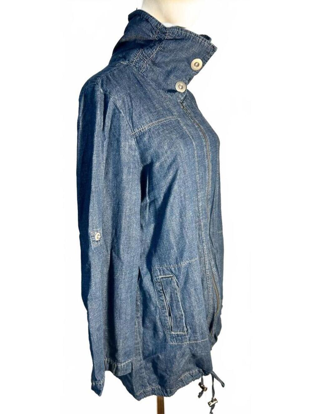 AMX Womens L Denim Jacket Blue Longline Utility Y2K Funnel Neck Roll Tab Cotton